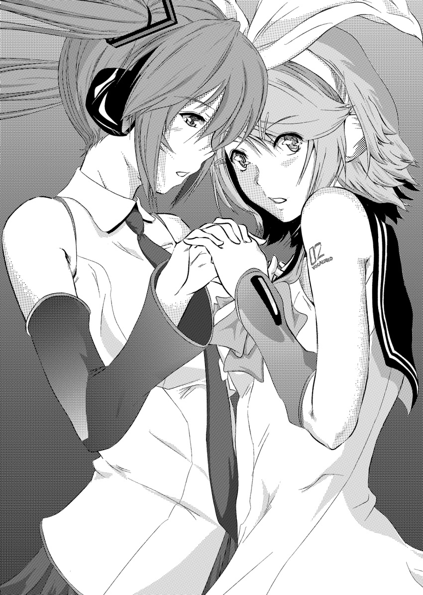 2girls arm_tattoo arm_warmers asunogear bare_shoulders blush bow detached_sleeves eyebrows_visible_through_hair eyes_visible_through_hair greyscale hair_bow hair_ornament hair_ribbon hairclip hand_holding hatsune_miku headphones headset highres interlocked_fingers kagamine_rin long_hair looking_at_another looking_at_viewer monochrome multiple_girls necktie parted_lips ribbon sailor_collar shirt short_hair sleeveless sleeveless_shirt tattoo twintails upper_body vocaloid yuri