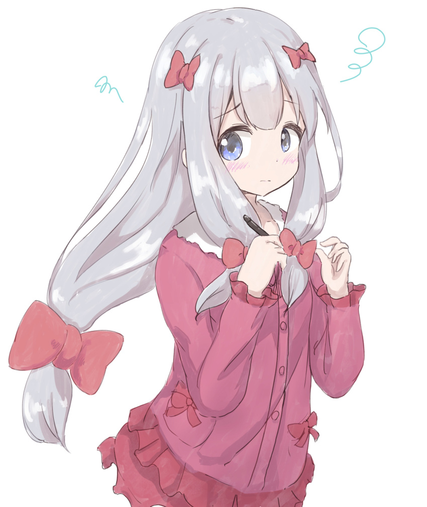 1girl blue_eyes blush bow breasts commentary_request eromanga_sensei hair_bow hair_ribbon highres izumi_sagiri jacket long_hair looking_at_viewer pink_bow ribbon sidelocks silver_hair simple_background sketch small_breasts upper_body white_background