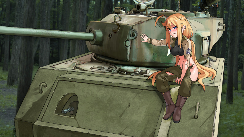 1girl absurdres ahoge blonde_hair blue_eyes blush boots forest gloves ground_vehicle highres long_hair midriff military military_vehicle motor_vehicle nanaya777 nature original sitting tank torn_clothes turret uniform vehicle