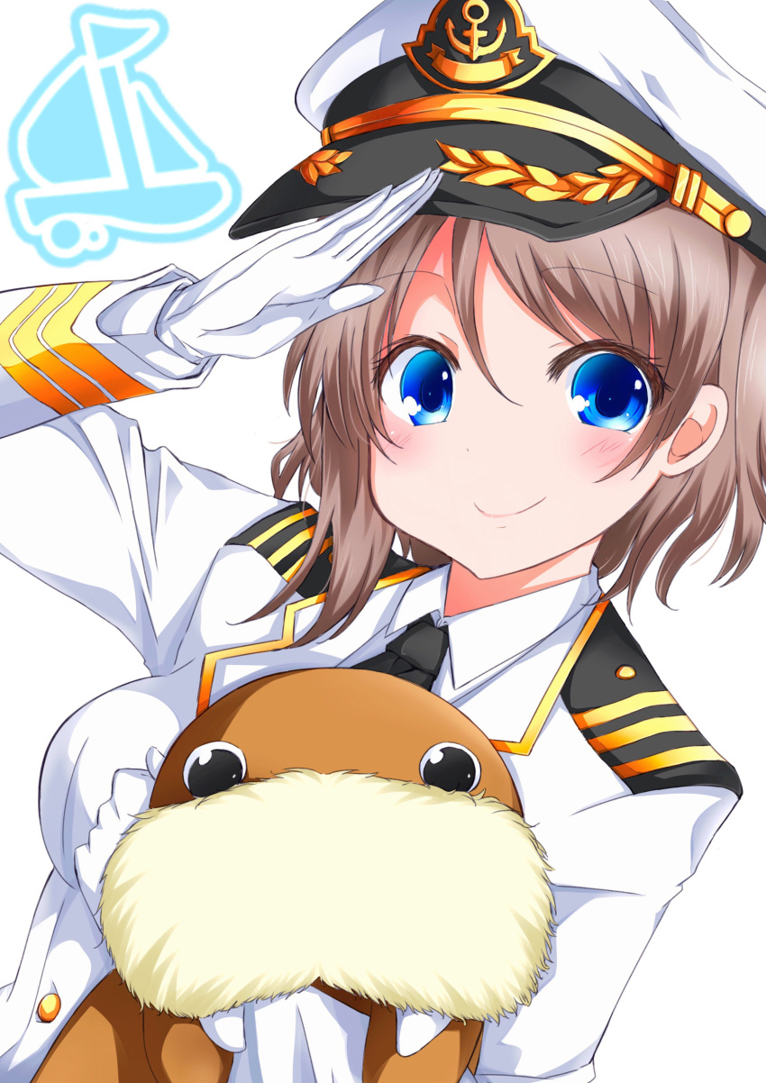 1girl absurdres anchor_symbol blue_eyes blush brown_hair character_doll dutch_angle gloves grey_hair hat highres long_sleeves looking_at_viewer love_live! love_live!_sunshine!! military military_uniform naval_uniform peaked_cap salute short_hair smile solo uchicchii uniform upper_body watanabe_you white_background white_gloves zero-theme
