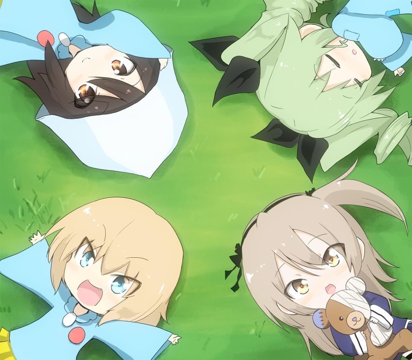 anchovy bandage boko_(girls_und_panzer) bow brown_hair day doll_hug drill_hair fang girls_und_panzer grass green_hair hair_bow hair_ribbon hat highres jinguu_(4839ms) katyusha kindergarten_uniform light_brown_eyes light_brown_hair long_hair looking_up lying mika_(girls_und_panzer) on_back on_side open_mouth outdoors outstretched_arms patch ribbon school_uniform shimada_arisu short_hair side_ponytail sketch skirt sleeping smile stuffed_animal stuffed_toy teddy_bear twin_drills younger
