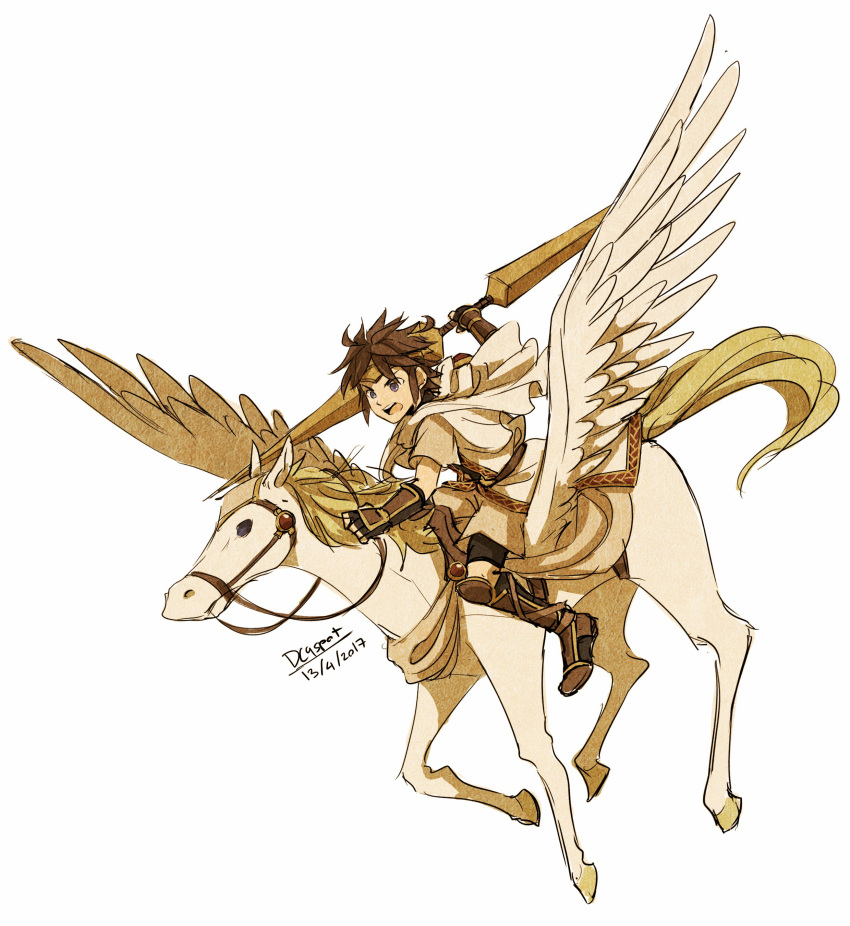 1boy absurdres adapted_costume artist_name bike_shorts blue_eyes company_connection dated dc9spot diadem fire_emblem flying full_body highres kid_icarus kid_icarus_uprising male_focus nintendo open_mouth parody pegasus pegasus_knight pit_(kid_icarus) riding round_teeth serious short_hair simple_background spiky_hair teeth tunic twin_blades white_background wings