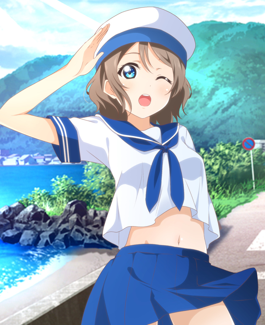 1girl blue_eyes blurry blurry_background brown_hair hat highres kuusuke_(yo_suke39) looking_at_viewer love_live! love_live!_school_idol_project love_live!_sunshine!! mountain navel official_style one_eye_closed open_mouth pleated_skirt school_uniform serafuku short_hair signpost skirt solo watanabe_you wind wind_lift