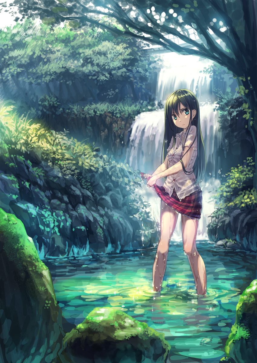 1girl bangs bare_legs barefoot blue_eyes bra breasts dress_shirt full_body green_hair hair_between_eyes highres kamome_yuu light_frown long_hair looking_at_viewer moss nature original outdoors plaid plaid_skirt red_skirt rock scenery see-through shirt short_sleeves skirt small_breasts solo stream striped striped_bra tree underwear wading water waterfall wet wet_clothes wet_shirt white_shirt wringing_clothes wringing_skirt