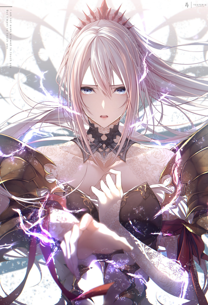 1girl armor bangs blue_eyes electricity english_text hair_between_eyes hand_up highres long_hair looking_at_viewer open_mouth pauldrons pink_hair ponytail reaching_out red_ribbon ribbon shionne_(tales) shoulder_armor solo tales_of_(series) tales_of_arise tiara upper_body white_background yoaferia