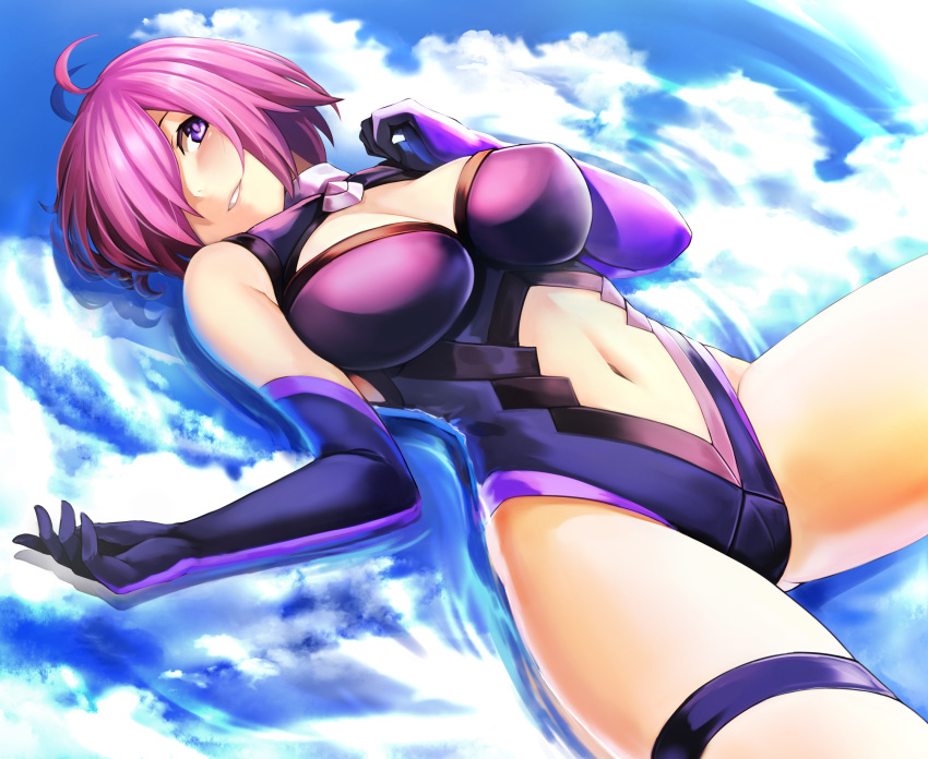 1girl armor armored_dress black_legwear black_panties blush breasts clouds cloudy_sky elbow_gloves eyes_visible_through_hair fate/grand_order fate_(series) faulds flower gloves hair_over_one_eye highres large_breasts lavender_hair looking_at_viewer navel navel_cutout open_mouth panties purple_gloves purple_legwear reflection shielder_(fate/grand_order) short_hair sky smile thighs underwear violet_eyes water yashichii