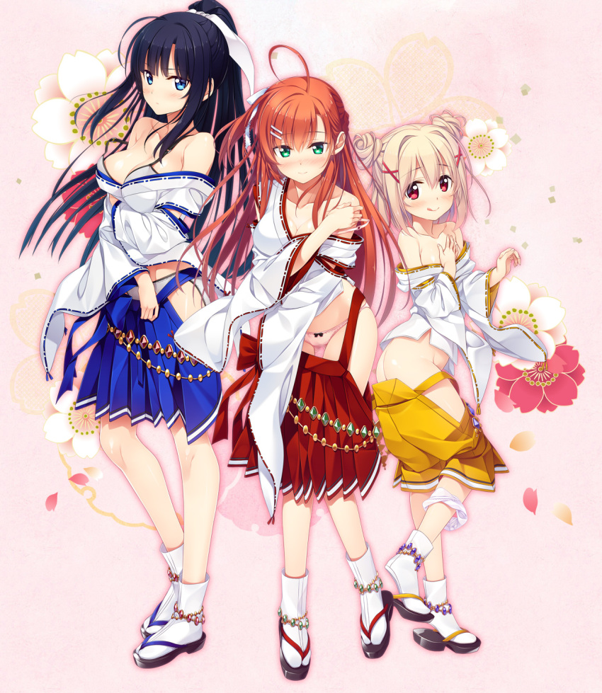3girls :q ahoge amakusa_tobari anklet ass bare_shoulders black_hair blonde_hair blue_eyes blush bow bow_panties breasts cleavage double_bun green_eyes hand_on_own_chest high_ponytail highres ichinose_minato japanese_clothes jewelry large_breasts long_hair long_sleeves looking_at_viewer miko multiple_girls off_shoulder official_art omokage_~ecchi_na_happening!?_nandemo_dontokoi!~ one_side_up panties panties_around_leg red_eyes redhead sandals smile strap_slip suzu_hinami tabi tachibana_gekka tongue tongue_out underwear wardrobe_malfunction wide_sleeves
