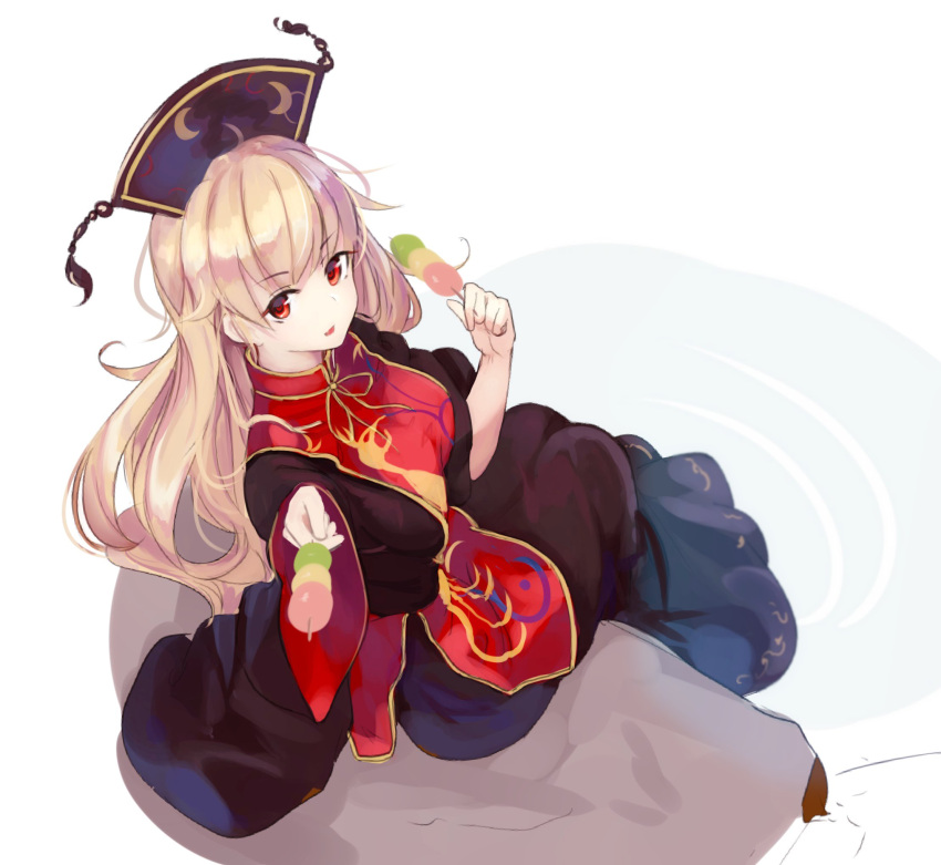 1girl black_dress blonde_hair breasts chinese_clothes dango dress food foreshortening from_above from_side hat highres homo_1121 junko_(touhou) long_hair long_sleeves looking_at_viewer looking_back looking_to_the_side looking_up medium_breasts offering open_mouth red_eyes reflective_eyes ripples shiny shiny_hair sitting smile soaking_feet solo tabard touhou very_long_hair wagashi water white_background wide_sleeves