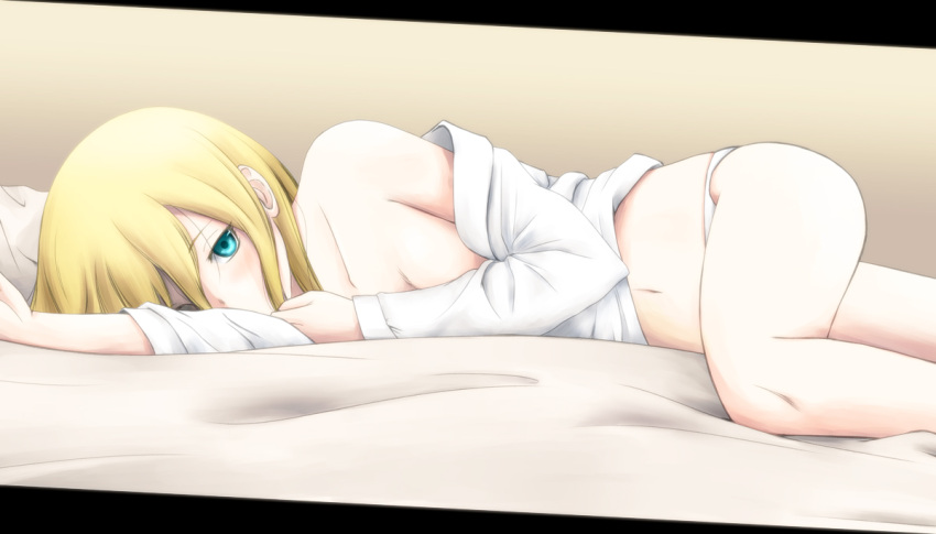 1girl arm_pillow blonde_hair blue_eyes blush breasts christa_renz cleavage collarbone looking_at_viewer lost_july lying medium_breasts navel off_shoulder on_side panties partially_undressed shingeki_no_kyojin shirt solo tan_background underwear white_panties