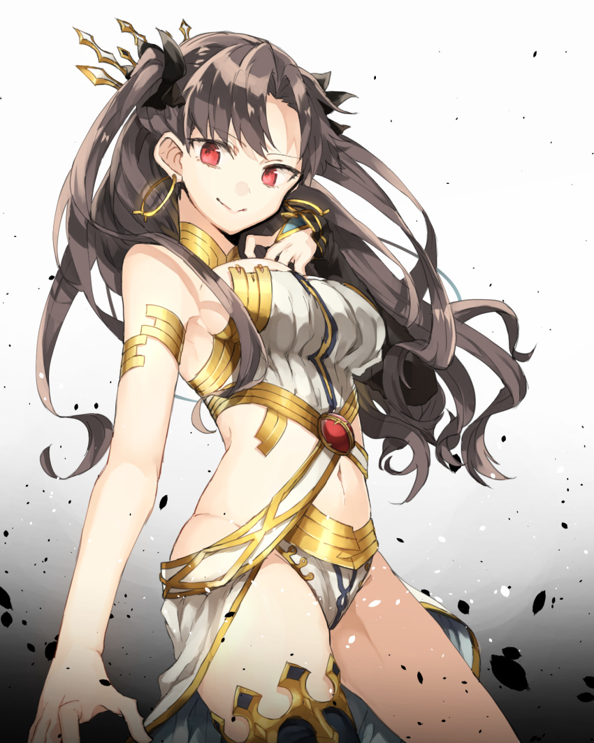 1girl :&gt; armlet asymmetrical_gloves asymmetrical_legwear bangs bare_arms bare_shoulders black_ribbon breasts bridal_gauntlets brown_hair chibirisu closed_mouth earrings elbow_gloves fate/grand_order fate_(series) female gloves gold_trim groin hair_ribbon highres hoop_earrings ishtar_(fate/grand_order) jewelry large_breasts long_hair looking_at_viewer midriff navel parted_bangs red_eyes ribbon shirt sideboob simple_background single_elbow_glove single_thighhigh sleeveless sleeveless_shirt smile solo strapless thigh-highs tohsaka_rin toosaka_rin two_side_up white_clothes white_shirt