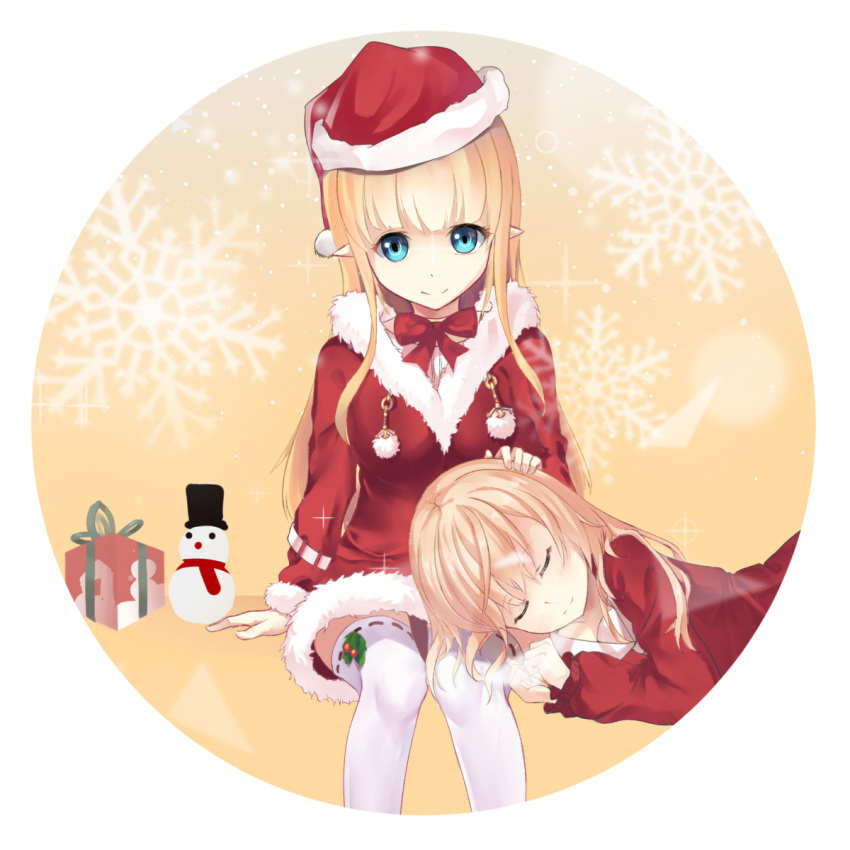 2girls arm_support bangs blonde_hair blue_eyes blush box breasts christmas closed_eyes closed_mouth commentary_request dress eyebrows_visible_through_hair fur-trimmed_dress gift gift_box hand_on_another's_head hat highres karin_(fineyanny) lap_pillow long_hair looking_at_viewer lying medium_breasts multiple_girls on_side original ponytail red_dress red_hat red_shirt ribbon-trimmed_legwear ribbon_trim santa_costume santa_hat shirt sitting smile snowman thigh-highs very_long_hair white_legwear