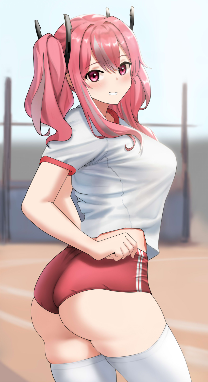 1girl absurdres ass azur_lane bangs blurry blurry_background breasts bremerton_(azur_lane) clothes_pull cowboy_shot eyebrows_visible_through_hair flower fujioni grey_hair grin gym_shorts gym_uniform hair_between_eyes hair_ornament highres large_breasts lifted_by_self long_hair looking_at_viewer midriff_peek multicolored_hair outdoors pink_eyes pink_hair shirt short_sleeves shorts shorts_pull skindentation smile solo streaked_hair t-shirt thigh-highs thighs twintails two-tone_hair white_flower white_shirt