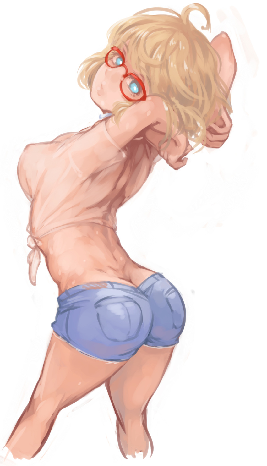 1girl ahoge annie_brown arched_back arms_behind_head arms_up ass blonde_hair blue_eyes breasts butt_crack cutoffs demstouts denim denim_shorts erect_nipples feet_out_of_frame from_behind glasses highres looking_at_viewer looking_back medium_breasts midriff red-framed_eyewear see-through shaft_look shimoneta_to_iu_gainen_ga_sonzai_shinai_taikutsu_na_sekai shirt short_hair shorts simple_background solo standing stretch tied_shirt white_background