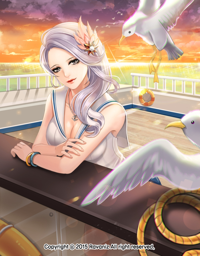 1girl anchor_symbol artist_name bird blade_&amp;_soul breasts brown_eyes chromatic_aberration cleavage counter hair_ornament highres horizon jewelry large_breasts lens_flare lips necklace ravaniz sailor_collar silver_hair smile solo sun watermark