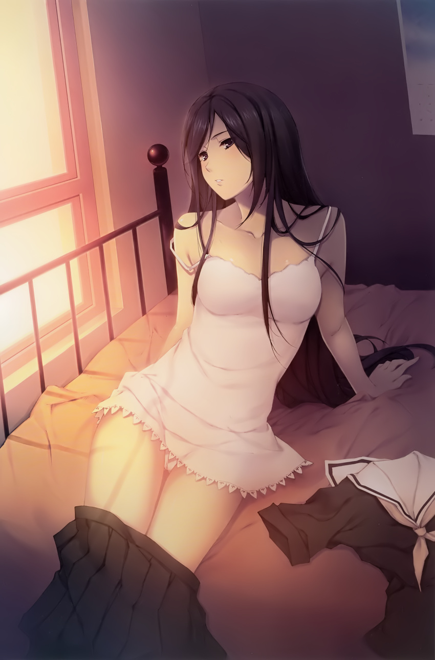 1girl absurdres bed bed_sheet black_hair breasts character_request copyright_request cowboy_shot grey_eyes highres leaning_back lingerie long_hair medium_breasts neckerchief parted_lips pleated_skirt sailor_collar school_uniform serafuku skirt solo strap_slip sugina_miki underwear very_long_hair window