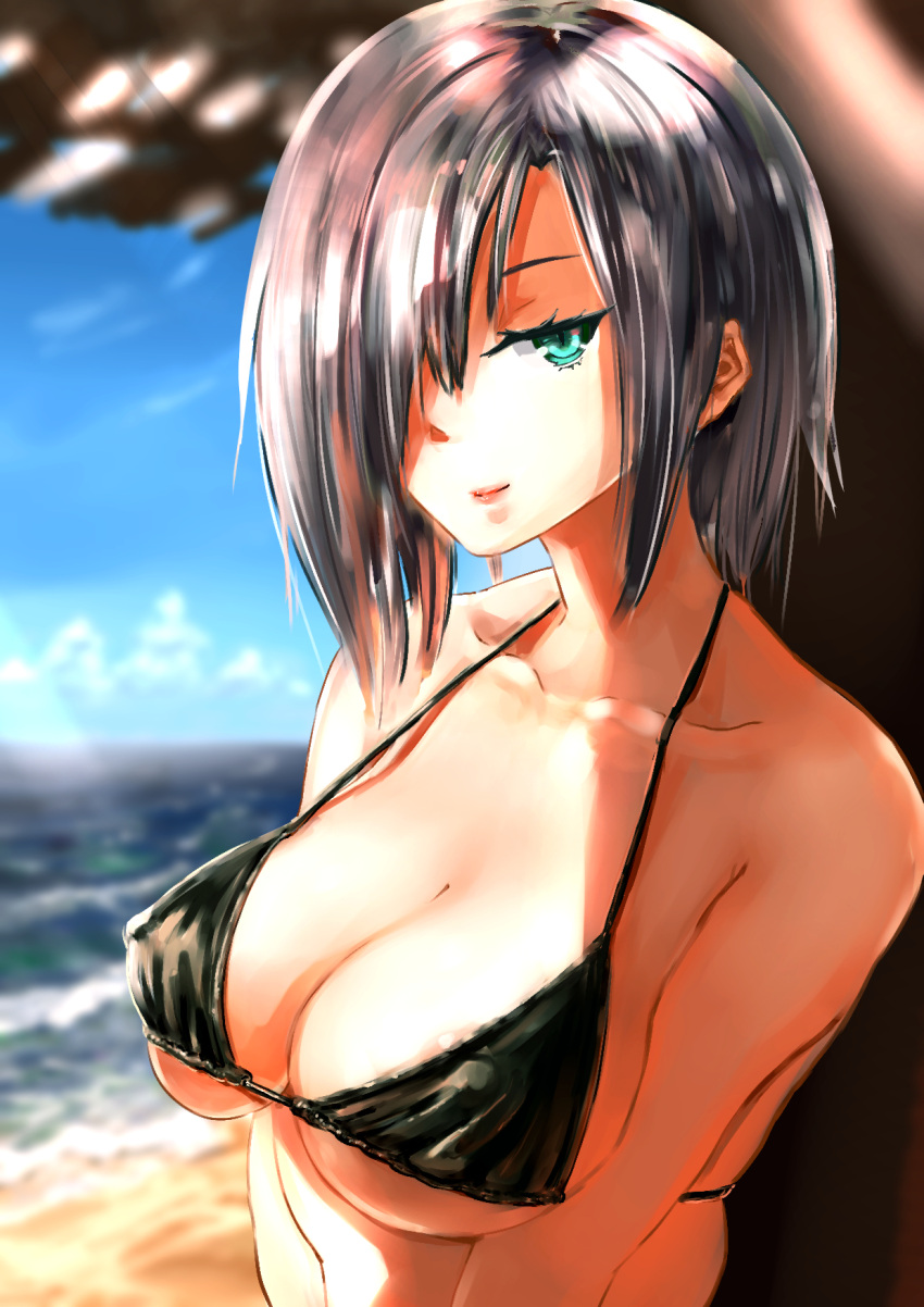 1girl aqua_eyes bare_shoulders breasts cleavage collarbone girls_frontline highres large_breasts light_smile lips looking_at_viewer mg5_(girls_frontline) short_hair silver_hair solo swimsuit yhes70903