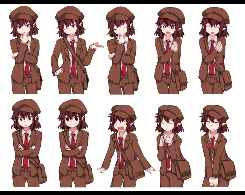 +_+ 1girl 3: :d :| ^_^ bag blazer blush_stickers brown_blazer brown_hair brown_hat brown_shorts cabbie_hat closed_eyes closed_mouth cocked_eyebrow collared_shirt cross_eyed crossed_arms d: expressions fingers_together flat_chest forbidden_scrollery hammer_(sunset_beach) hand_gesture hands_clasped hat jacket letterboxed narrowed_eyes necktie no_wings o_o open_mouth pointy_ears shameimaru_aya shirt short_hair shorts shoulder_bag smile surprised sweat thinking tie_clip touhou v_arms wide-eyed