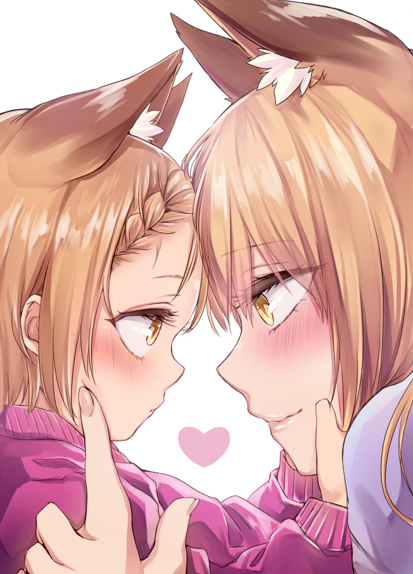 2girls age_difference animal_ears blush braid daughter extra_ears eyebrows_visible_through_hair eyelashes finger_to_face heart highres holding_face long_hair looking_at_another mother mother_and_daughter multiple_girls original short_hair single_braid size_difference sweater yellow_eyes yukibuster