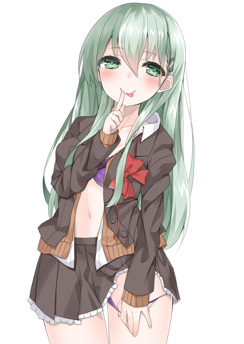 1girl :p absurdres black_jacket black_skirt blouse bra brown_sweater cardigan green_eyes green_hair hair_ornament hairclip hashiko_no_woto highres jacket kantai_collection long_hair long_sleeves neck_ribbon open_clothes open_jacket open_shirt panties panty_pull pleated_skirt purple_bra purple_panties red_ribbon ribbon shirt simple_background skirt smile solo suzuya_(kantai_collection) sweater_jacket tongue tongue_out underwear white_background white_blouse