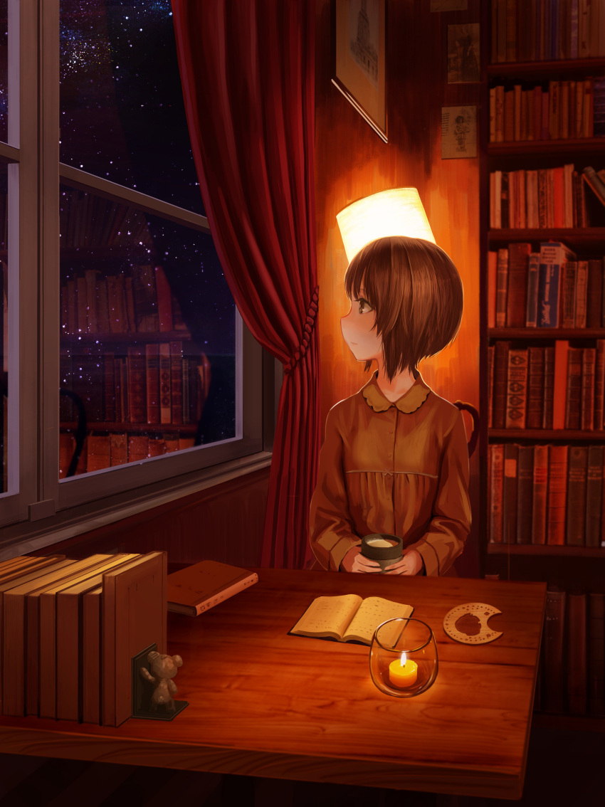 1girl absurdres boko_(girls_und_panzer) book bookshelf brown_eyes brown_hair candle girls_und_panzer highres looking_out_window nishizumi_miho short_hair window