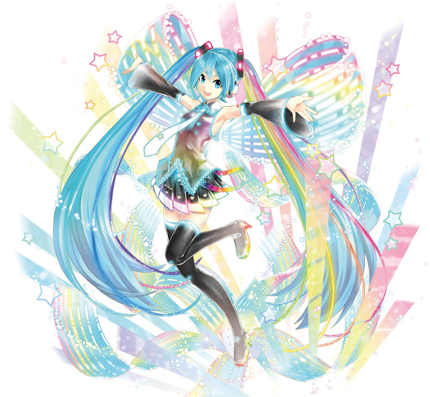 :d adapted_costume aqua_bow aqua_eyes aqua_hair armpits bangs bare_shoulders black_boots black_skirt boots bow collared_shirt detached_sleeves frilled_shirt frills hatsune_miku headset high_heels highres huge_bow jpeg_artifacts kei_(keigarou) leg_up light_particles long_hair looking_at_viewer multicolored multicolored_bow multicolored_clothes multicolored_skirt necktie official_art one_leg_raised open_mouth outstretched_arms pleated_skirt see-through shiny shiny_clothes shirt skirt sleeveless sleeveless_shirt smile solo standing standing_on_one_leg star streamers tattoo teeth thigh-highs thigh_boots twintails very_long_hair vocaloid white_background white_necktie zettai_ryouiki