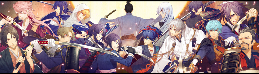 6+boys armor beads beard black_hair blonde_hair brown_eyes character_request dagger facial_hair fudou_yukimitsu hakama heshikiri_hasebe highres hood ichigo_hitofuri japanese_clothes kousetsu_samonji long_hair male_focus mikazuki_munechika multiple_boys namazuo_toushirou pink_hair ponytail red_eyes sayo_samonji shokudaikiri_mitsutada silver_hair souza_samonji sword tanaka_gorie touken_ranbu tsurumaru_kuninaga uniform weapon yagen_toushirou yamanbagiri_kunihiro