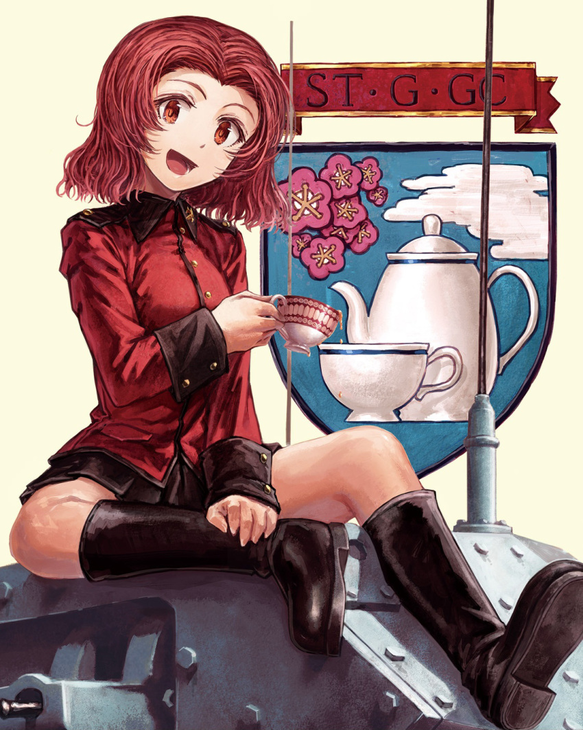 1girl bangs black_boots black_skirt boots brown_eyes cup emblem girls_und_panzer highres jacket lain long_sleeves looking_at_viewer military military_uniform miniskirt open_mouth parted_bangs pleated_skirt red_jacket redhead rosehip school_emblem school_uniform short_hair sitting skirt smile spilling st._gloriana's_(emblem) st._gloriana's_military_uniform tea teacup uniform