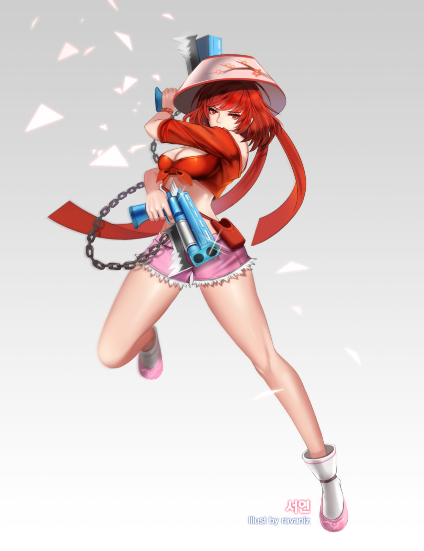 1girl absurdres artist_name breasts character_request cleavage dual_wielding dungeon_and_fighter finger_on_trigger front-tie_top full_body gradient gradient_background gun hair_ribbon hat highres holster large_breasts midriff ravaniz red_eyes redhead ribbon short_shorts shorts solo weapon