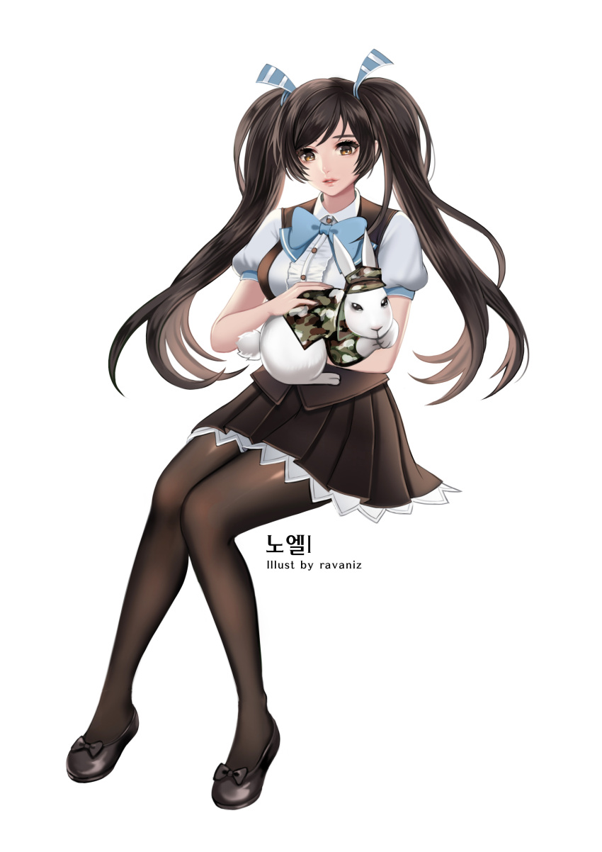 1girl absurdres artist_name black_eyes black_hair camouflage cyphers full_body hair_ornament highres knees_together_feet_apart long_hair marlene_(cyphers) pantyhose parted_lips pleated_skirt rabbit ravaniz shiny shiny_clothes skirt twintails white_background