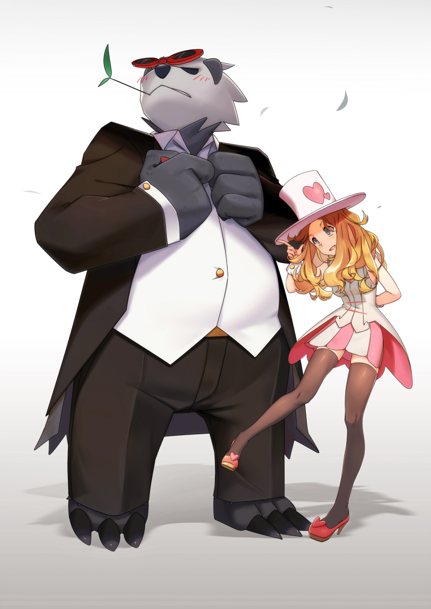 1girl :d absurdres arm_behind_back blonde_hair blue_eyes blush claws formal full_body fur gradient_background hand_up hands_up hat heart high_heels highres jacket leaf long_hair looking_to_the_side mouth_hold open_mouth panda pangoro pant_suit pants pokemon pokemon_(creature) pokemon_(game) pokemon_xy qb serena_(pokemon) shirt shoes simple_background skirt sleeveless smile standing standing_on_one_leg straw_(stalk) suit suit_jacket sunglasses sunglasses_on_head thigh-highs top_hat wing_collar zettai_ryouiki