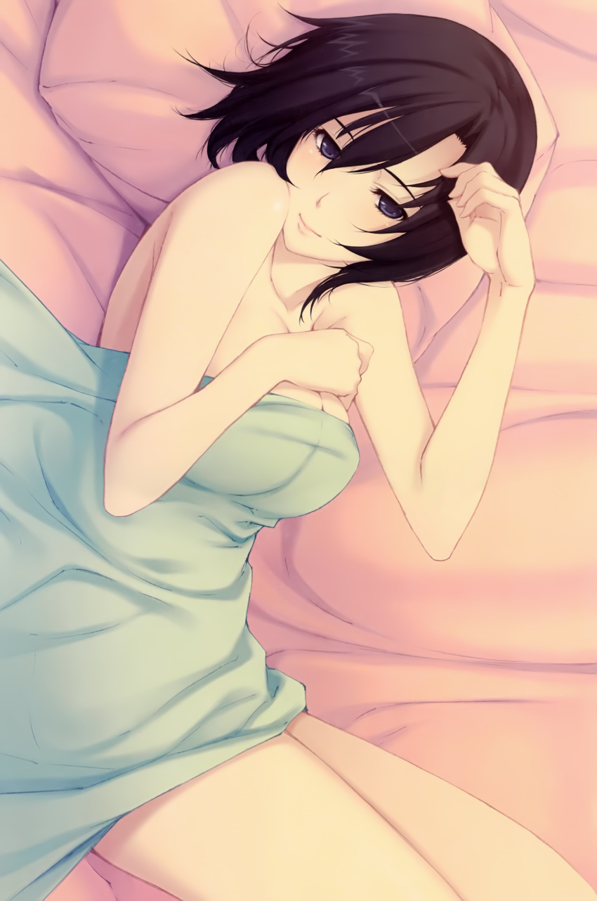 1girl absurdres arm bare_arms bare_legs bare_shoulders bed bed_sheet black_hair blanket blue_eyes breast_hold breasts caucasus cleavage closed_mouth cowboy_shot female from_above hair_between_eyes head_tilt highres kirihara_souko large_breasts legs lips looking_at_viewer lying naked_sheet nude nude_cover on_side pillow short_hair smile solo sugina_miki