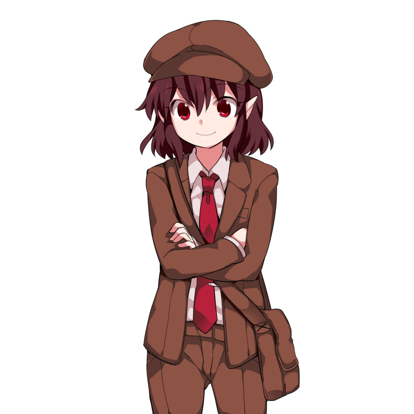 1girl bag blazer brown_blazer brown_hair brown_hat brown_shorts cabbie_hat closed_mouth collared_shirt crossed_arms flat_chest forbidden_scrollery hammer_(sunset_beach) hat highres jacket looking_at_viewer necktie no_wings pointy_ears shameimaru_aya shirt short_hair shorts shoulder_bag smile solo tie_clip touhou