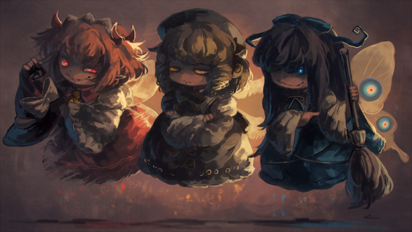 3girls black_hair blonde_hair blue_eyes bow broom dress drill_hair full_body glowing glowing_eyes hair_bow hat koto_inari long_hair luna_child multiple_girls red_eyes ribbon short_hair smile star_sapphire sunny_milk touhou twintails wings witch_hat yellow_eyes