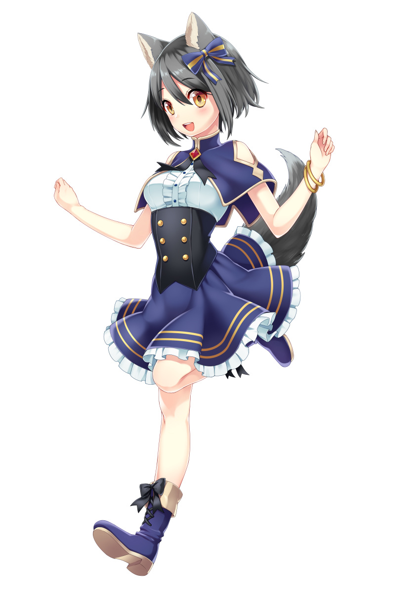 1girl absurdres animal_ears black_bow black_hair black_ribbon blue_boots blue_bow blue_skirt blush boots bow bracelet breasts dog_ears dog_tail eyebrows_visible_through_hair gem hair_bow highres jewelry large_breasts looking_at_viewer open_mouth original ribbon sakura_chiyo_(konachi000) short_hair skirt smile solo tail teeth yellow_eyes