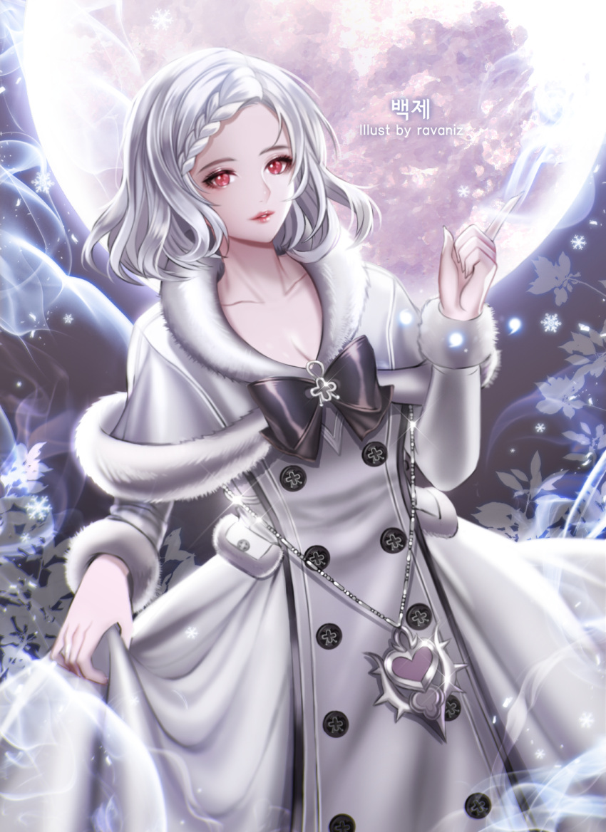 1girl artist_name blade_&amp;_soul braid breasts character_request cleavage collarbone dress highres jewelry magic moon pendant ravaniz red_eyes shiny skirt_hold snowflakes solo white_dress white_hair