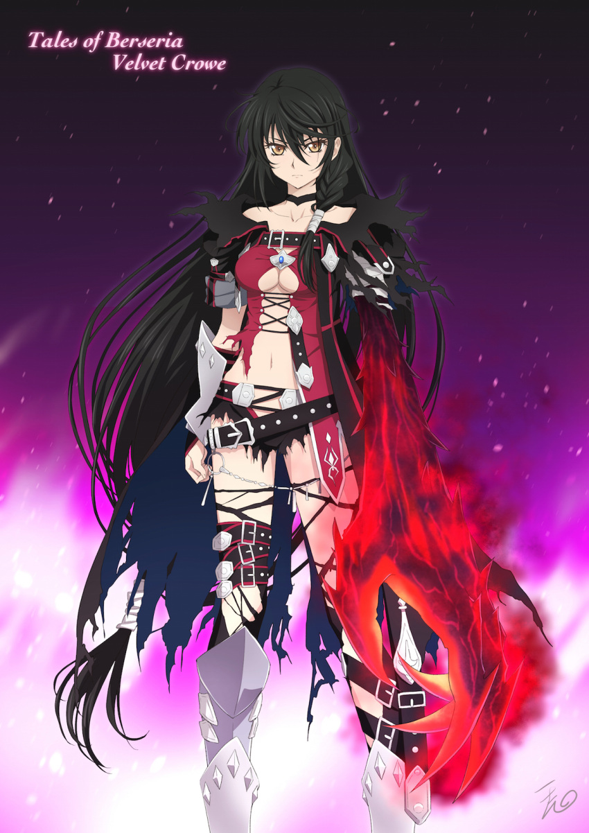 1girl artist_name backlighting belt belt_buckle black_choker black_hair braid breasts buckle cape character_name choker claws commentary_request copyright_name highres long_hair looking_at_viewer navel puma_(hyuma1219) red_shirt revealing_clothes revision shirt signature solo tales_of_(series) tales_of_berseria text torn_clothes velvet_crowe yellow_eyes