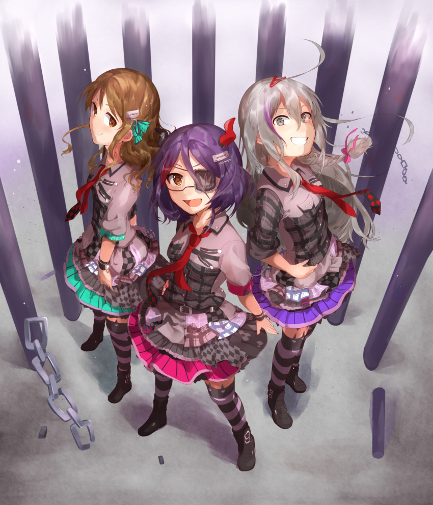 3girls absurdres ahoge blonde_hair blush brown_eyes brown_hair chains eyepatch fang hayasaka_mirei highres hoshi_shouko idolmaster idolmaster_cinderella_girls idolmaster_cinderella_girls_starlight_stage individuals long_hair morikubo_nono multicolored_hair multiple_girls open_mouth purple_hair short_hair smile striped striped_legwear wavy_mouth yuru_mame