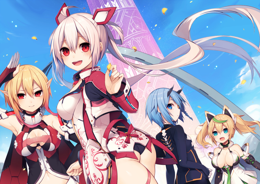 4girls blonde_hair blue_eyes blue_hair breasts cleavage euclita_(pso2) gene_(pso2) gradient_hair green_hair heterochromia horns innocent_cluster io_(pso2) large_breasts long_hair looking_at_viewer matoi_(pso2) multicolored_hair multiple_girls muryou open_mouth petals phantasy_star phantasy_star_online_2 pink_hair pointy_ears red_eyes revision short_hair smile twintails two-tone_hair white_hair yellow_eyes