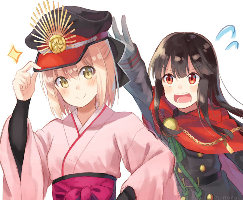 &gt;:) &gt;:o 2girls :o black_bow black_hair blonde_hair blush bow cape closed_mouth demon_archer fate_(series) flying_sweatdrops gloves grey_gloves hair_between_eyes hair_bow hat highres japanese_clothes kimono koha-ace long_hair long_sleeves military military_hat military_uniform multiple_girls nonono nononon peaked_cap pink_hair red_eyes sakura_saber sash short_hair sidelocks smile uniform wide_sleeves yellow_eyes