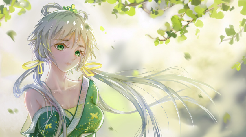 1girl absurdres breasts cleavage green_eyes highres japanese_clothes kimono long_hair long_haired_kappa luo_tianyi medium_breasts off_shoulder shan-n silver_hair solo vocaloid