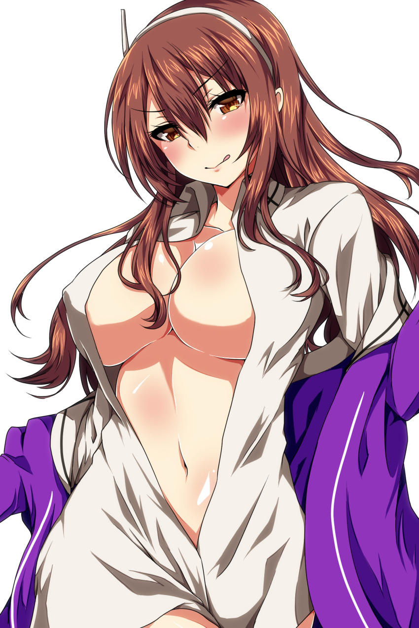 &gt;:) 1girl ar_(lover_boy) ashigara_(kantai_collection) breasts brown_eyes brown_hair hairband highres horned_headwear jacket kantai_collection large_breasts long_hair long_sleeves open_clothes open_jacket open_shirt purple_jacket shirt simple_background smile solo tongue tongue_out white_background white_shirt
