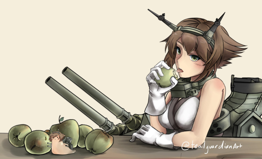 1girl apple brown_hair commentary food fruit gloves green_eyes hairband highres holding holding_fruit kantai_collection mutsu_(kantai_collection) mutsu_(snail) open_mouth rigging short_hair signature simple_background table tealguardianart tongue tongue_out turret white_gloves