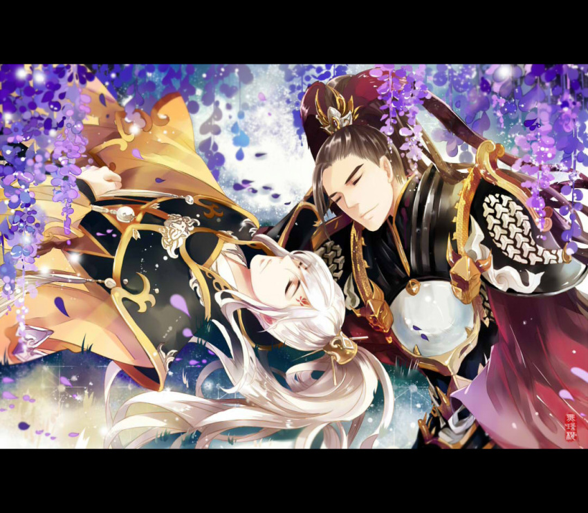 2boys armor artist_name bangs black_hair closed_eyes closed_mouth crown facial_mark facial_tattoo facing_viewer flower grass hair_ornament hand_on_own_stomach head_rest heijingying high_ponytail jian_san_tongren letterboxed li_ye long_hair long_sleeves lying male_focus multiple_boys on_back on_floor petals ponytail purple_flower shiny shiny_hair signature sleeping smile sparkle tattoo white_hair wide_sleeves