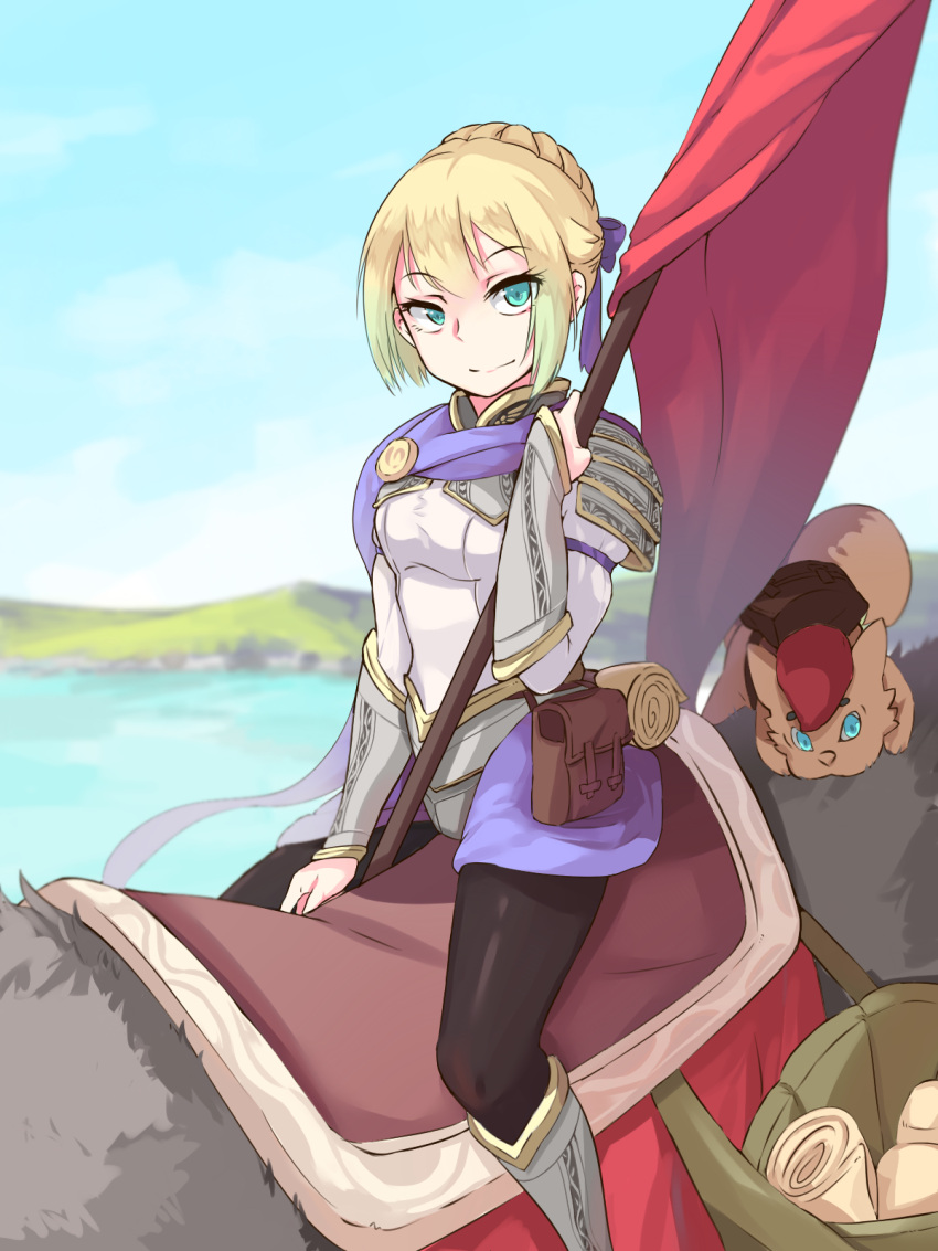 1girl armor armored_dress bedroll blonde_hair blue_eyes blue_sky boots braid cape fate/stay_night fate_(series) flag french_braid highres horseback_riding knee_boots lai_(laikairan) looking_at_viewer pantyhose pouch raised_eyebrows riding saber saddlebag sky smile solo water