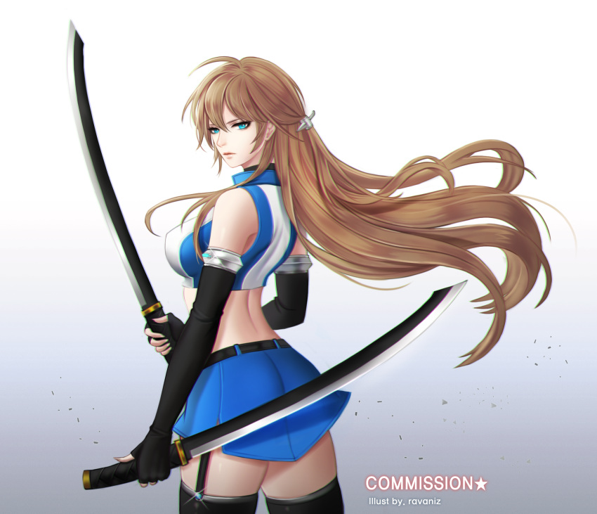 1girl aqua_eyes artist_name breasts brown_hair character_request chromatic_aberration copyright_request crop_top dual_wielding elbow_gloves expressionless fingerless_gloves from_side garter_straps gloves gradient gradient_background hair_tubes highres large_breasts looking_at_viewer miniskirt ravaniz reverse_grip skirt solo sword thigh-highs weapon zettai_ryouiki