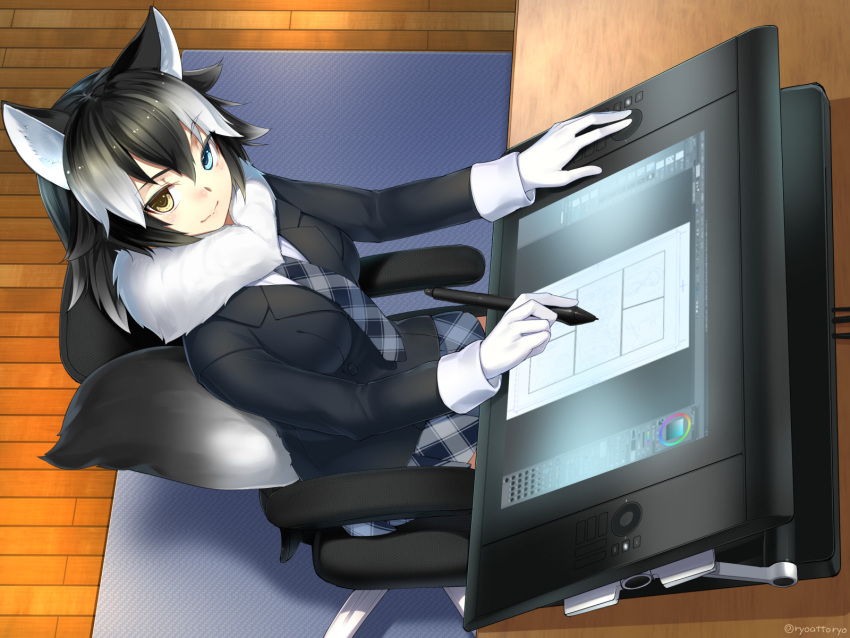 1girl animal_ears blue_eyes chair drawing fur fur_trim gloves grey_wolf_(kemono_friends) heterochromia highres indoors kemono_friends looking_at_viewer looking_up multicolored_hair necktie pleated_skirt ryou@ryou sitting skirt smile stylus tablet tablet_pc tail two-tone_hair wolf_ears wolf_tail wooden_floor yellow_eyes