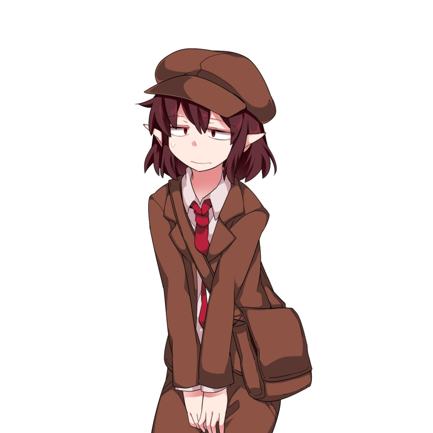 1girl :| bag bending_forward blazer brown_blazer brown_hair brown_hat brown_shorts cabbie_hat closed_mouth collared_shirt cross_eyed flat_chest forbidden_scrollery hammer_(sunset_beach) hat highres jacket looking_at_viewer necktie no_wings pointy_ears shameimaru_aya shirt short_hair shorts shoulder_bag slouching solo sweat tie_clip touhou