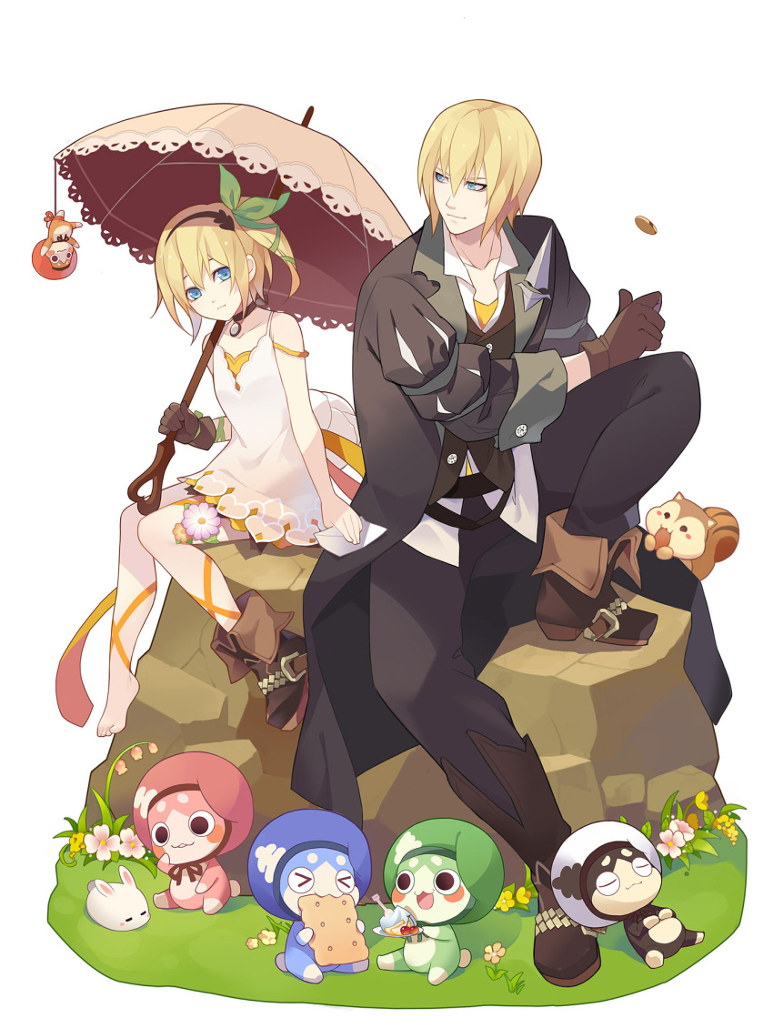 &gt;_&lt; 1boy 1girl black_choker black_coat black_hairband black_pants blonde_hair blue_eyes boots bow brother_and_sister brown_boots brown_gloves cherry closed_eyes cracker dress eating edna_(tales) eizen_(tales) flower food fruit full_body gloves green_bow green_ribbon hair_bow hair_ribbon hairband highres kllsiren leg_ribbon miniskirt normin_(tales) pants plate rabbit ribbon short_hair siblings side_ponytail single_glove single_shoe sitting skirt smile squirrel tales_of_(series) tales_of_berseria tales_of_zestiria tress_ribbon umbrella white_background white_dress