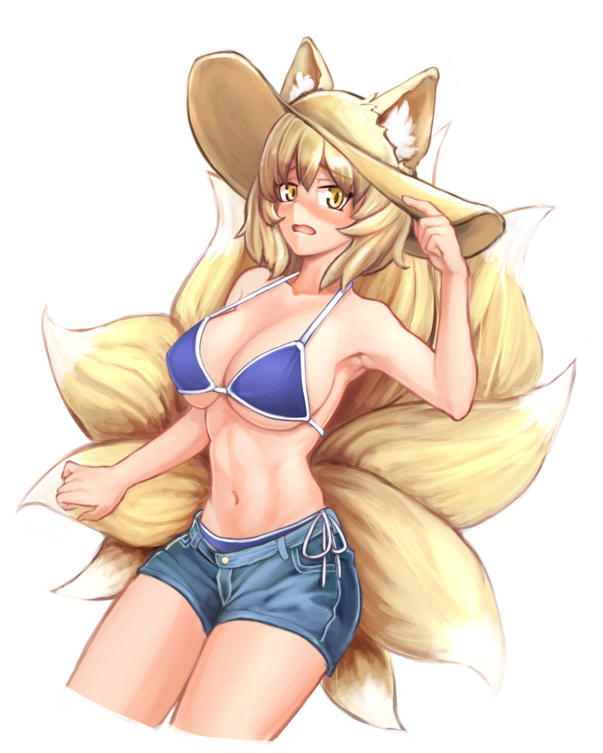 1girl animal_ear_fluff animal_ears bikini blonde_hair breasts castyx cowboy_shot cropped_legs denim denim_shorts fox_ears fox_tail frown hand_on_headwear highres large_breasts looking_at_viewer midriff multiple_tails navel short_hair shorts simple_background solo swimsuit tail touhou under_boob white_background yakumo_ran yellow_eyes