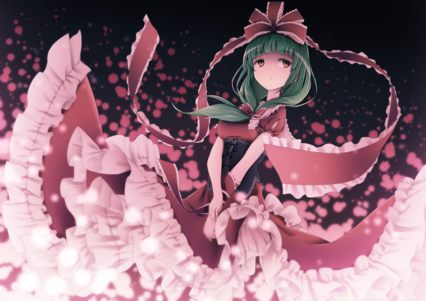 1girl alternate_eye_color bow dress expressionless frilled_bow frilled_dress frilled_ribbon frills front_ponytail green_hair hair_bow hair_ribbon irigoma_(jikabi_baisen) kagiyama_hina long_hair puffy_short_sleeves puffy_sleeves red_bow red_dress red_eyes red_ribbon ribbon short_sleeves solo touhou